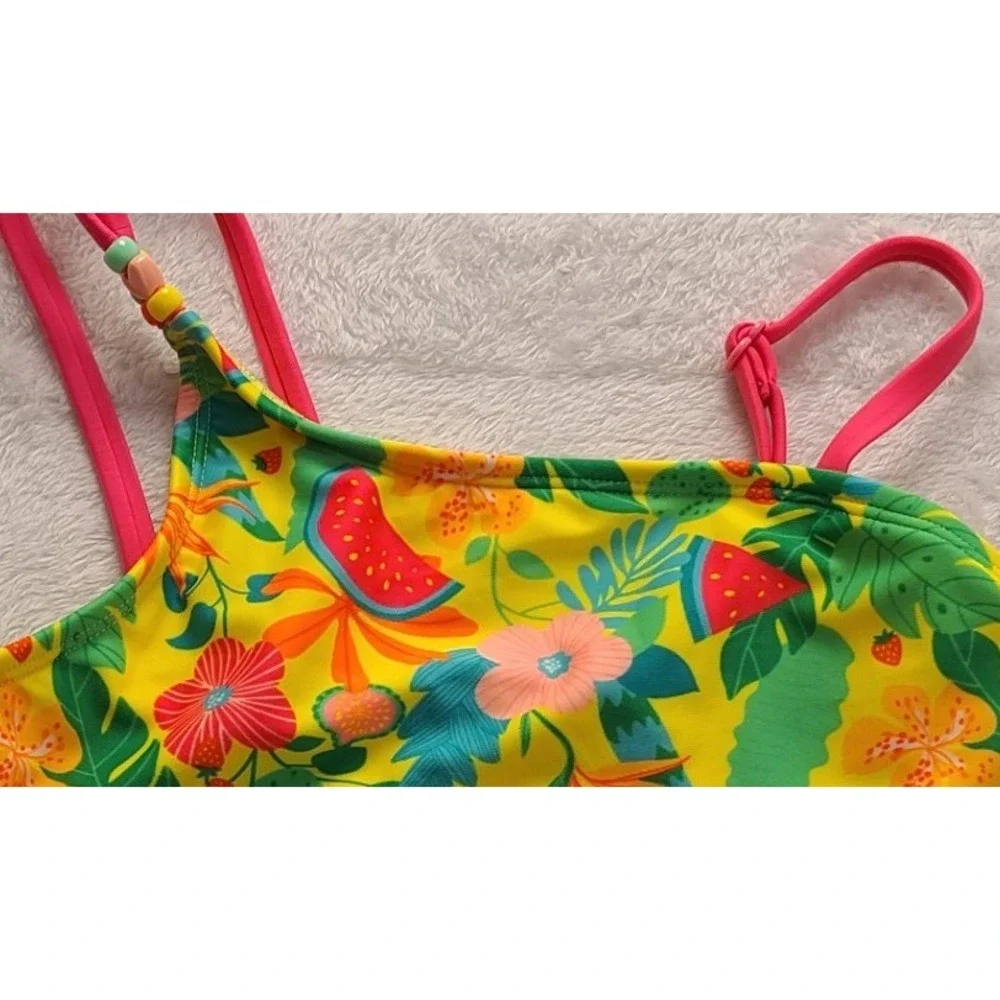 Cat & Jack Girls Yellow Tropical Fruit Bikini Swim Top L 10/12 NWT Sleeveless